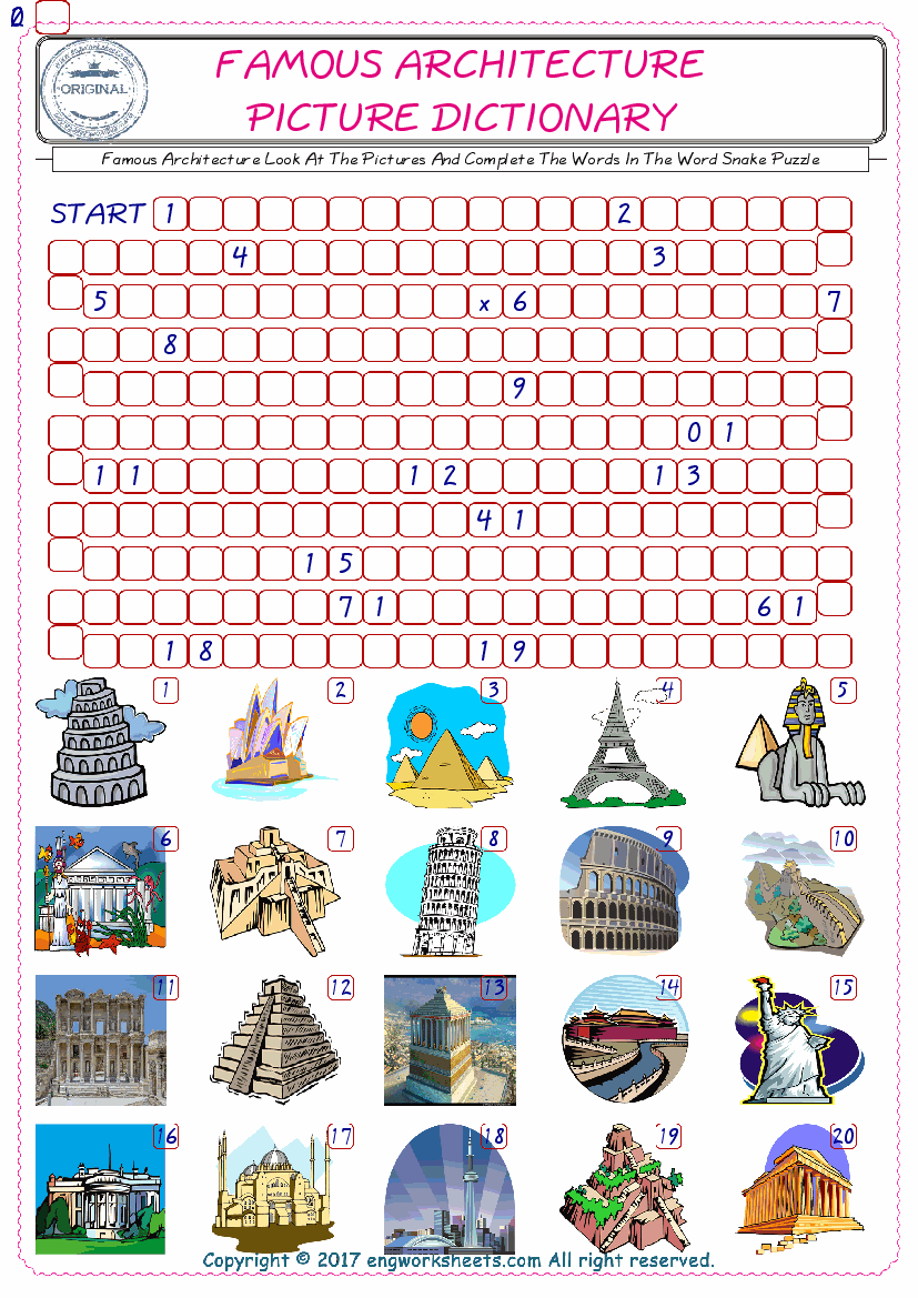  Check the Illustrations of Famous Architecture english worksheets for kids, and Supply the Missing Words in the Word Snake Puzzle ESL play. 